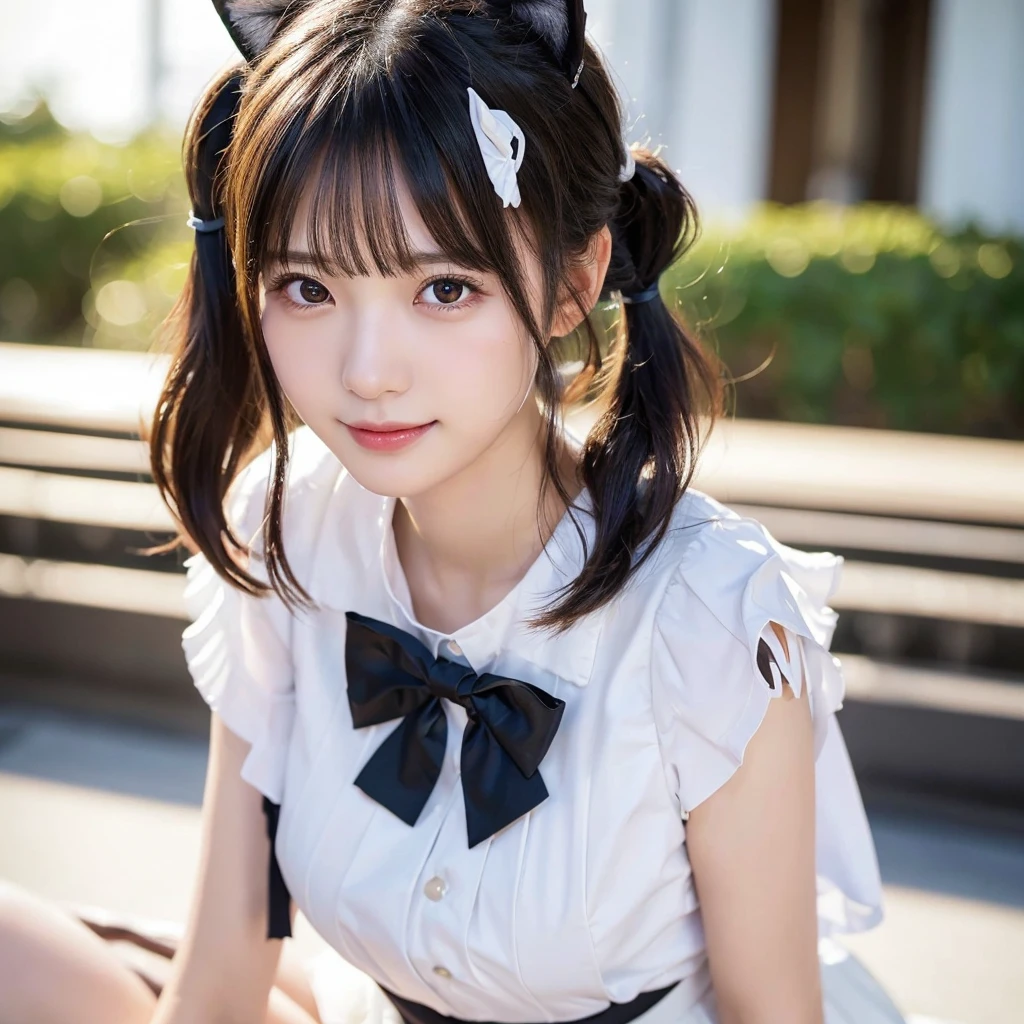 (8K, RAW Photos, Highest quality, masterpiece:1.2), Super detailed, Ultra-high resolution, (Realistic, photo Realistic:1.37), High-definition RAW color photos, Professional photos, Depth of written boundary, Very delicate and beautiful, Very detailed, 8K壁紙, wonderful, In detail, Large file size, Very detailed CG unity 8K壁紙, Very detailed beautiful girl, Very detailed face, Very detailed eyes, Very detailed skin, Very detailed fingers, Very detailed nose, Very detailed mouth, Perfect Anatomy, Very detailedな背景, Very detailed clothing, One girl, (18-year-old:1.2), Ten generations, cute girl, Famous Japanese Idols, Realistic body, , Fair skin, Shiny skin, Slender body, Good figure, Black Hair, (Twin tails:1.2),Cat ears headband， (Wavy Hair:1.2), (Blunt bangs:1.2), smile, cute, young, cute face, Baby Face, Realistic face, Beautiful and detailed eyes, Droopy eyes, Beautiful big eyes, Big black eyes, Beautiful and clear eyes, (White ruffled blouse:1.3), (race:1.2), (Black pleated skirt:1.2), (Black bow tie:1.1), Earrings, (Hair Ribbon:1.2), View Viewer, Cowboy Shot, Facing forward, Dynamic Lighting,(Highest quality,masterpiece:1.3,Ultra-high resolution),(Very detailed,Caustics,8K),(Realistic:1.4,RAW shooting),smileでカメラを見ている,Sailor suit,(Face Focus:1.1),(Face close-up:1),sunset,Natural light