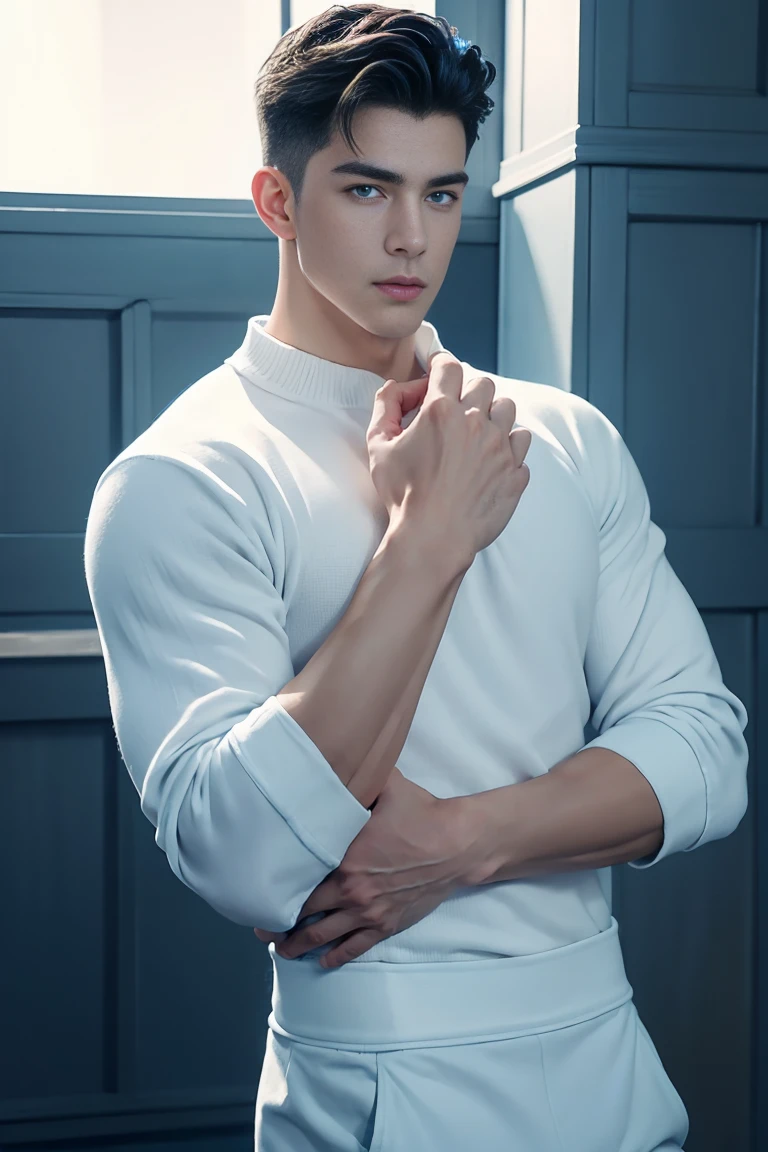 Ultra wide angle，((masterpiece)),((best quality)),8K,High Detail,Very detailed, (2 handsome muscular boys)，Very manly，blue eyes，Stylish short hair，Vivid male image, Fashion pose, masculine expression，Real skin texture, Perfect hand details，Light,
Royal blue style couple，White male model photos