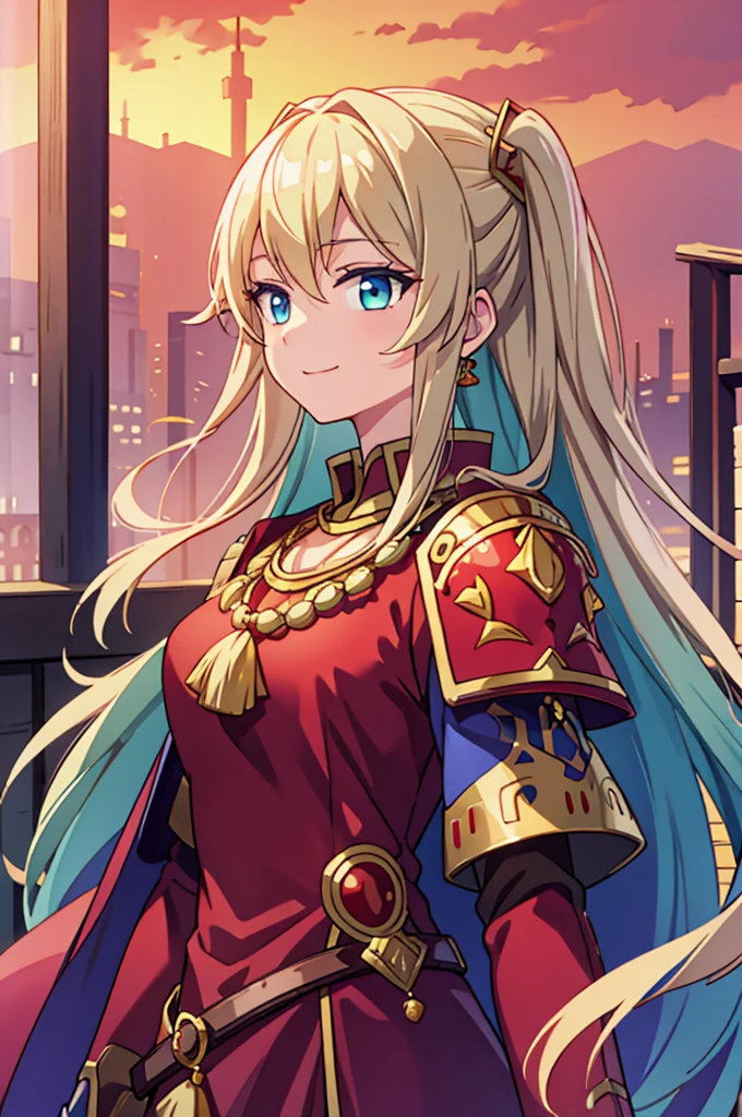 Masterpiece, Highest quality, （Fire emblem_Nanna）, Genealogy of the Holy War，（Blonde_Medium）hair ornaments, necklace, armor, Red Cape, Green Dress, belt, White gloves, Upper Body, View your viewers, smile, Field, null, sunset, From the side