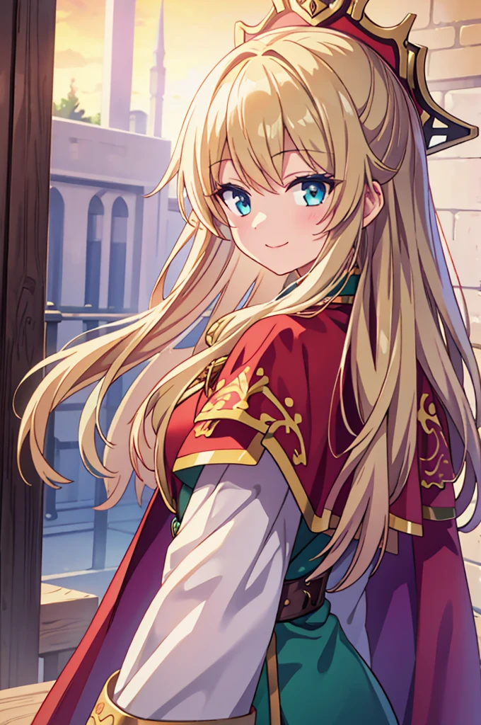 Masterpiece, Highest quality, （Fire emblem_Nanna）, Genealogy of the Holy War，（Blonde_Medium）hair ornaments, necklace, armor, Red Cape, Green Dress, belt, White gloves, Upper Body, View your viewers, smile, Field, null, sunset, From the side