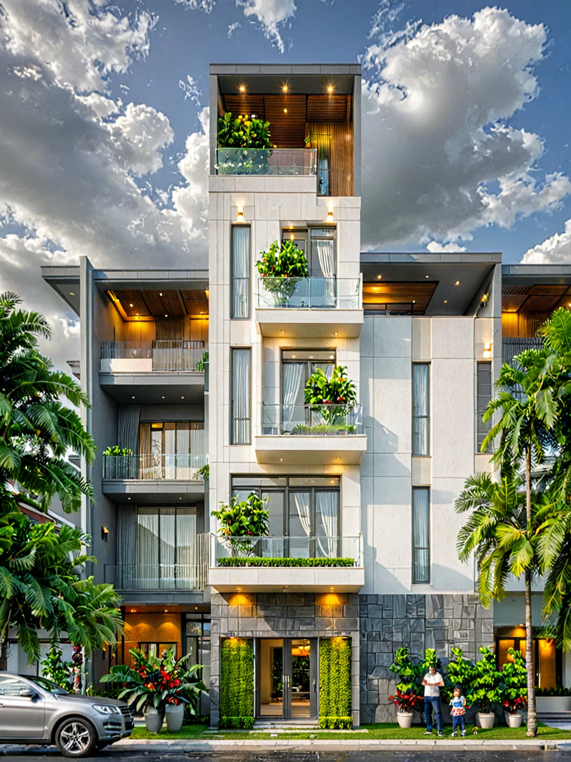 modern villa on street, (overcast lighting:1.2), tropical tree, vivid color, curve wall, streetcapes, nice sky, grey and wwhite tone, (large glass door:1.2), warm interior lighting, modern material, best quality, ultra realistic, masterpiece, 17ArchiAI_XL_VL-v1