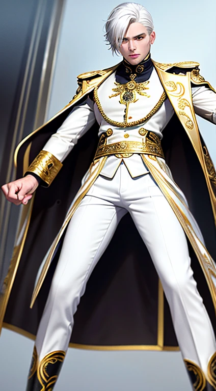 masculine, best qualityer, work of art,White hair, gold eyes,white and gold clothes, white and gold captain's hat looking up
