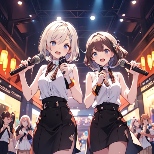 realistically, 2 girls, twin tails, 1 ponytail, brown eyes, glowing eyes, white short skirt, Blush, daytime, Wet from the rain, see through, sleeveless shirt, nipples, Sit with your knees raised., pussy, crotch, open skirt, smile, armpit, concert stage, windy