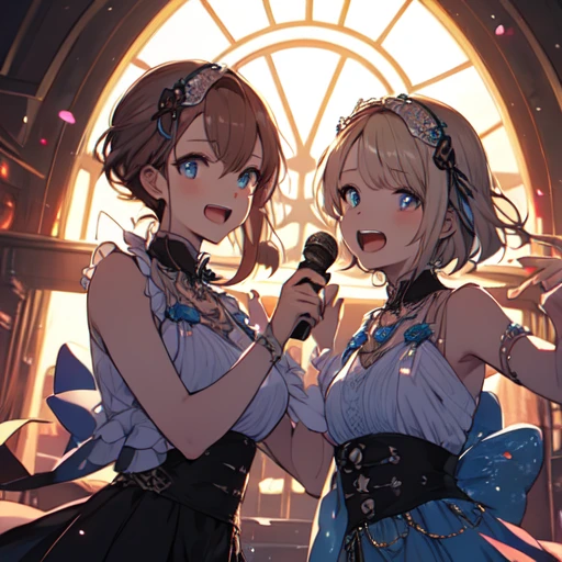 (masterpiece:1.2), (highest quality:1.2), Perfect Eyes, Perfect Face, Perfect lighting, 2 girls, group shot, singing, idol group