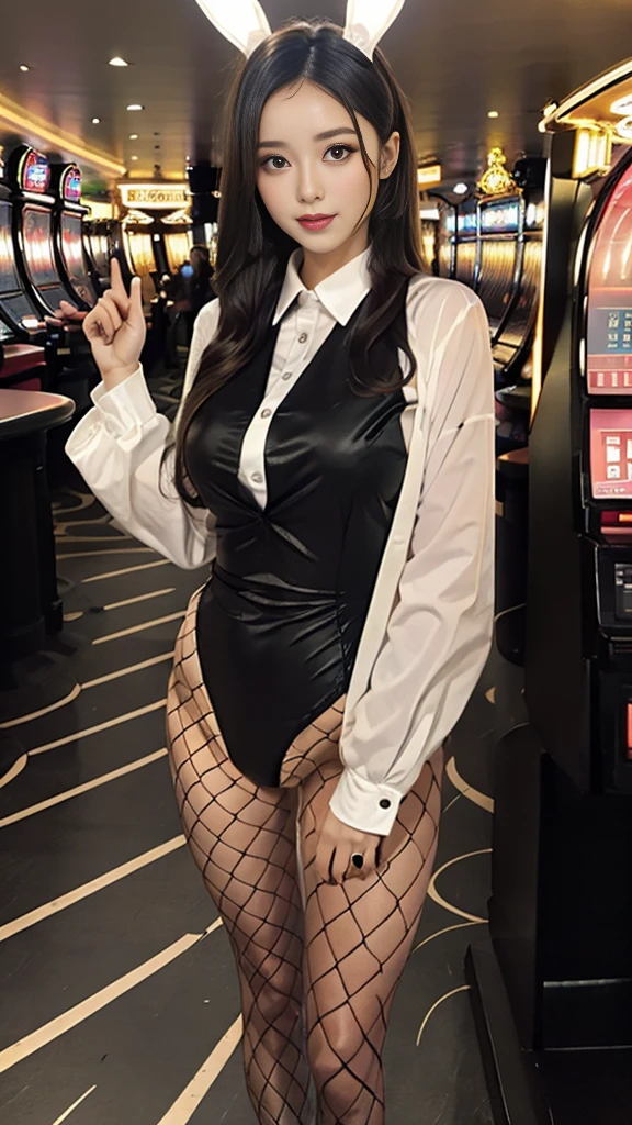 masterpiece, Highest quality, Realistic, Highly detailed CG integrates 8K, 8K,(Very beautiful face, Beautiful Lips, Beautiful Eyes), Exquisitely detailed face,1 Girl, Very beautiful girl,Exquisite eye makeup,Subtle eye detail,The best example of four fingers and one thumb,Toned figure,Nice and beautiful smile,明るいLong Hair,transparent, Quality hair,(masterpiece, Highest quality:1.2),alone,The eyes are exquisite and delicate,Brown Hair、Long Hair、Pink Lips,blue eyes,Big Breasts、Wavy Hair、(((A dull black bunny girl suit、One-piece clothing、Fishnet tights、casino、Reality)))、Japanese、25-year-old female、Bunny ears headband