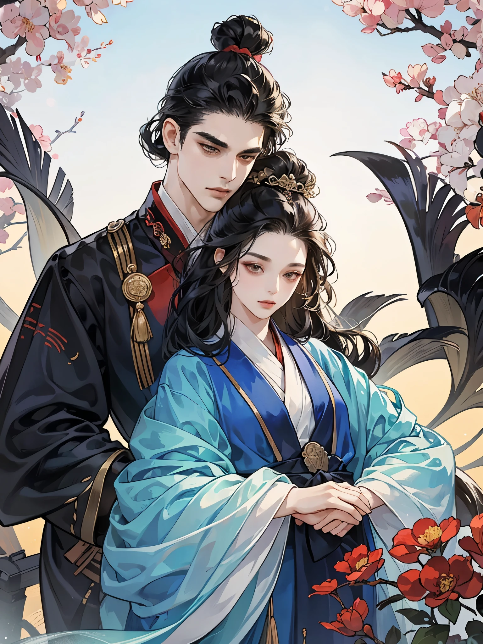 best quality、outstanding、A couple、The man hugged the woman from behind、Black hair,Hairstyle、China,Hanfu、Emperor and concubines、Beautiful and delicate face、HD、Light and Shadow、High quality details、The art of math、Digital illustration、4K