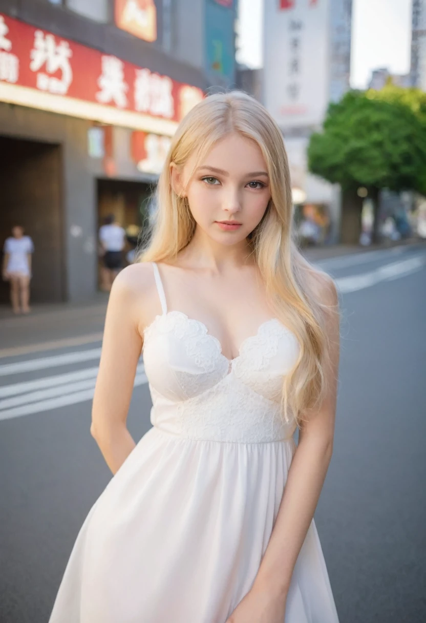 Leila、、（Russian women）、（Cute face:1.3）、Thin contours、Grey Eyes、、Blonde medium-long hair、Big boobs、Model Style、Angle up to the knee、White dress、Inside the city of Tokyo