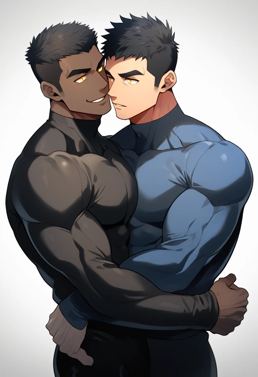 anime characters：Two superheroes in tights, Muscle superhero, negro black skin, They hugged and kissed each other, Bite your neck, Caress, Manliness, male focus, Yellow and black high collar long sleeve tight T-shirt, Slightly transparent material, Very tight, Round, full and perky chest muscles, Muscle waist, Slightly transparent, muscular male, muscular, only, Upper body, alone, Black short hair, Thick eyebrows, stubble, Yellow eyes, Grey background, simple background, amazing quality, best aesthetics, Ridiculous, bright pupils, crew cut, parted lips, seductive smile, torogao, naughty face, drop shadow, best quality