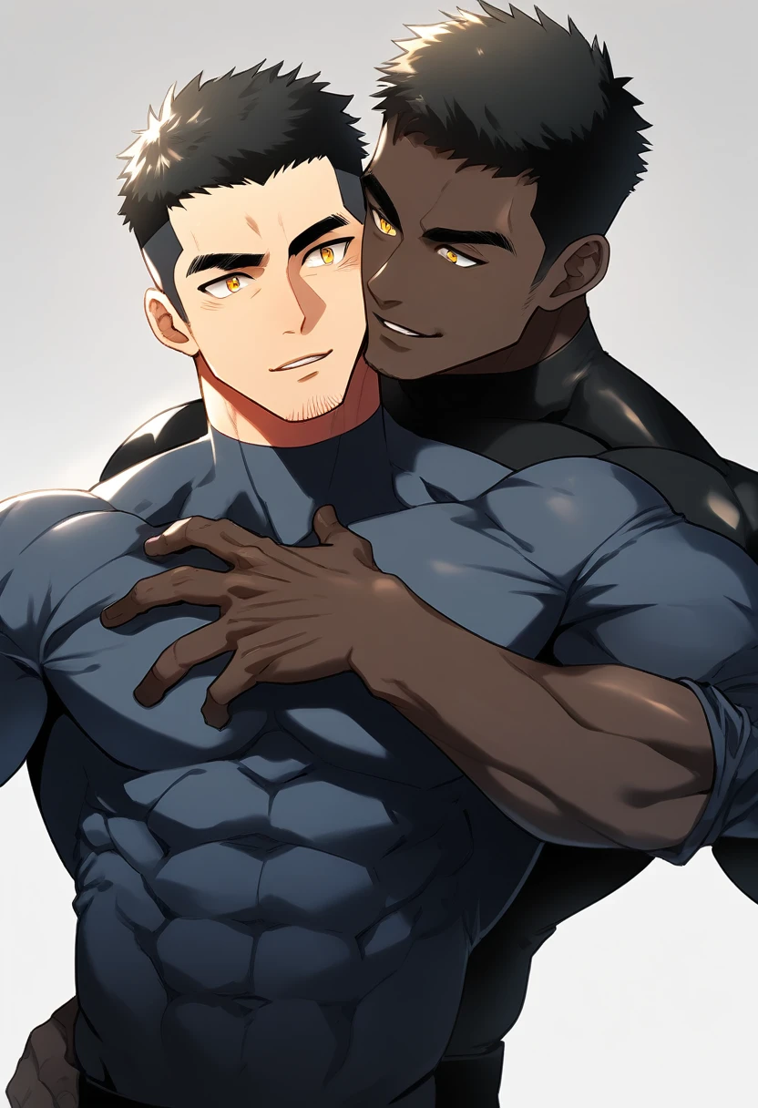 anime characters:Two superheroes in tights, Muscle superhero, negro black skin, They hugged and kissed each other, Bite your neck, Caress, Manliness, male focus, Yellow and black high collar long sleeve tight T-shirt, Slightly transparent material, Very tight, Round, full and perky chest muscles, Muscle waist, Slightly transparent, muscular male, muscular, only, Upper body, alone, Black short hair, Thick eyebrows, stubble, Yellow eyes, Grey background, simple background, amazing quality, best aesthetics, Ridiculous, bright pupils, crew cut, parted lips, seductive smile, torogao, naughty face, drop shadow, best quality