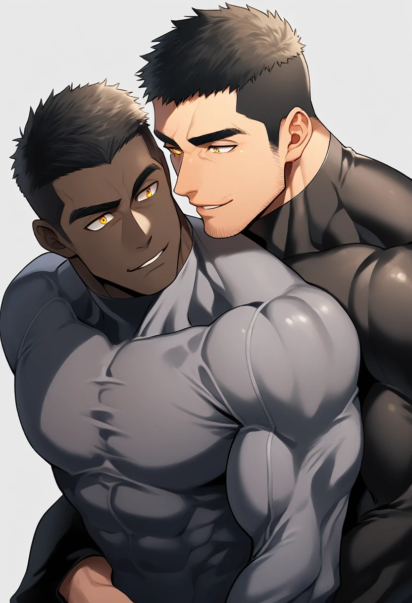anime characters：Two superheroes in tights, Muscle superhero, negro black skin, They hugged and kissed each other, Bite your neck, Caress, Manliness, male focus, Yellow and black high collar long sleeve tight T-shirt, Slightly transparent material, Very tight, Round, full and perky chest muscles, Muscle waist, Slightly transparent, muscular male, muscular, only, Upper body, alone, Black short hair, Thick eyebrows, stubble, Yellow eyes, Grey background, simple background, amazing quality, best aesthetics, Ridiculous, bright pupils, crew cut, parted lips, seductive smile, torogao, naughty face, drop shadow, best quality