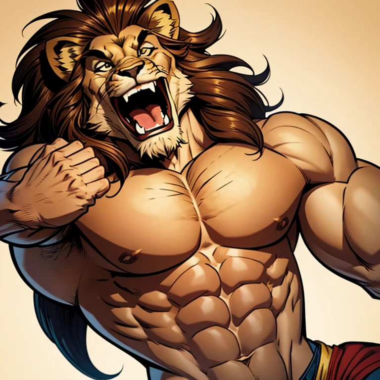 Lion Laugh with your mouth wide open A shot from the chest up only No background American comic style Poses that show off your muscles