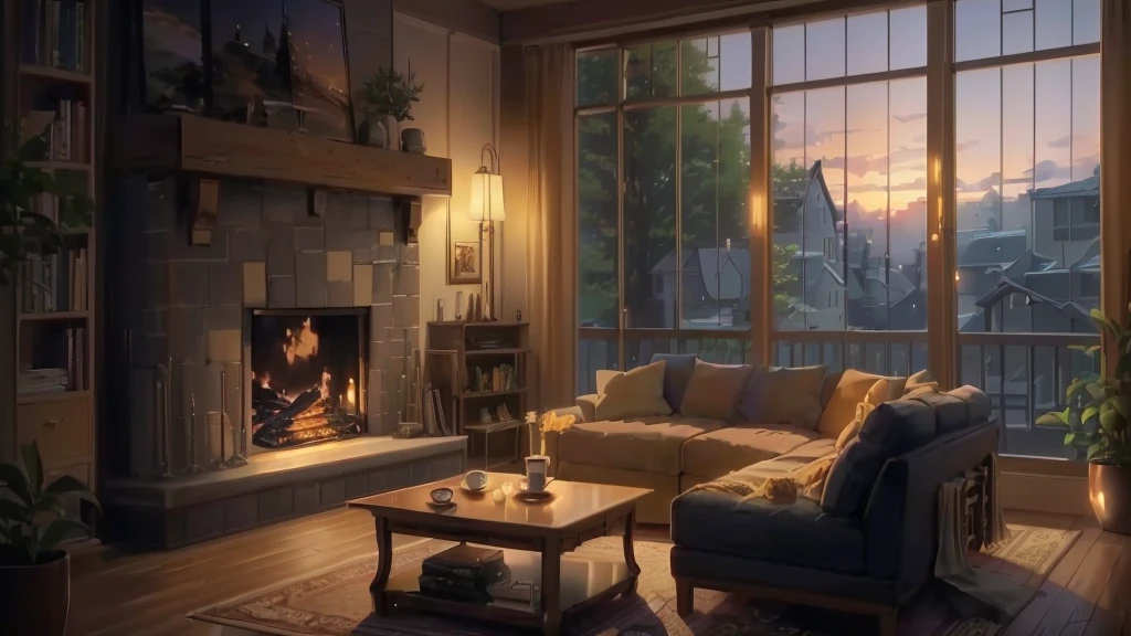 There is a living room with a sofa, Coffee table, fireplace, Relaxing concept art, Cozy living room background, Anime Background art, Anime Scenery concept art, Cozy home background, Beautiful anime scene, Anime Background, Relaxing environment, Anime Scenery, Cozy environment, Cozy and quiet atmosphere, Beautiful peaceful scene in anime, beautiful Anime Scenery, Warm living room, Anime movie background