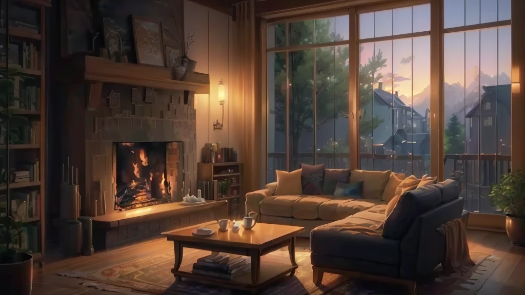 There is a living room with a sofa, Coffee table, fireplace, Relaxing concept art, Cozy living room background, Anime Background art, Anime Scenery concept art, Cozy home background, Beautiful anime scene, Anime Background, Relaxing environment, Anime Scenery, Cozy environment, Cozy and quiet atmosphere, Beautiful peaceful scene in anime, beautiful Anime Scenery, Warm living room, Anime movie background