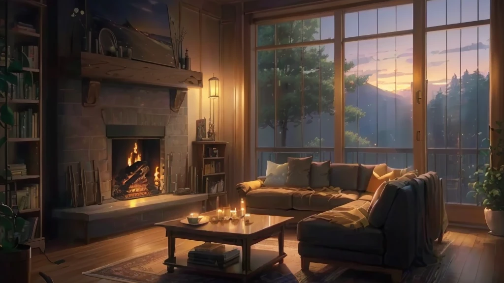 There is a living room with a sofa, Coffee table, fireplace, Relaxing concept art, Cozy living room background, Anime Background art, Anime Scenery concept art, Cozy home background, Beautiful anime scene, Anime Background, Relaxing environment, Anime Scenery, Cozy environment, Cozy and quiet atmosphere, Beautiful peaceful scene in anime, beautiful Anime Scenery, Warm living room, Anime movie background