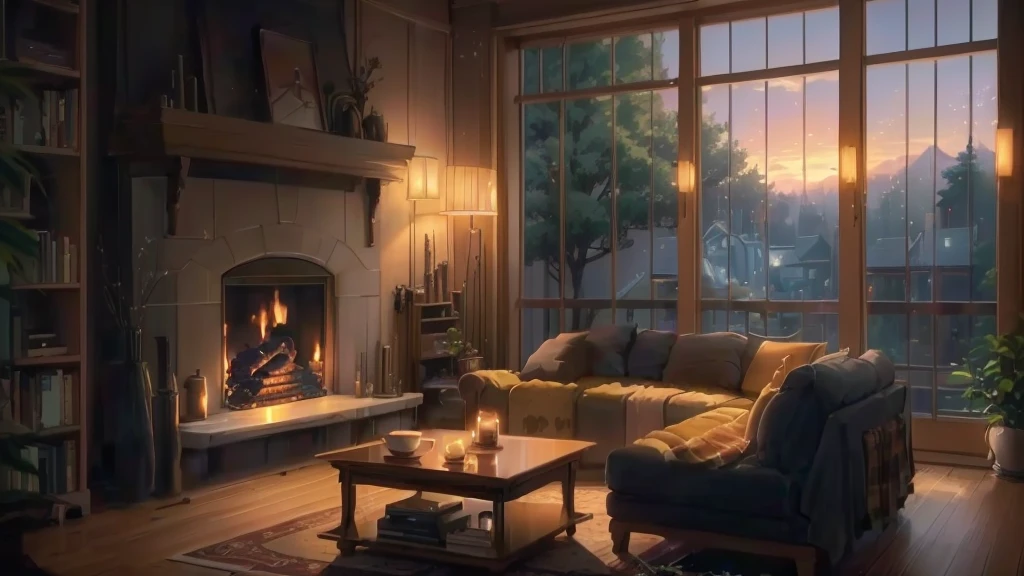 There is a living room with a sofa, Coffee table, fireplace, Relaxing concept art, Cozy living room background, Anime Background art, Anime Scenery concept art, Cozy home background, Beautiful anime scene, Anime Background, Relaxing environment, Anime Scenery, Cozy environment, Cozy and quiet atmosphere, Beautiful peaceful scene in anime, beautiful Anime Scenery, Warm living room, Anime movie background