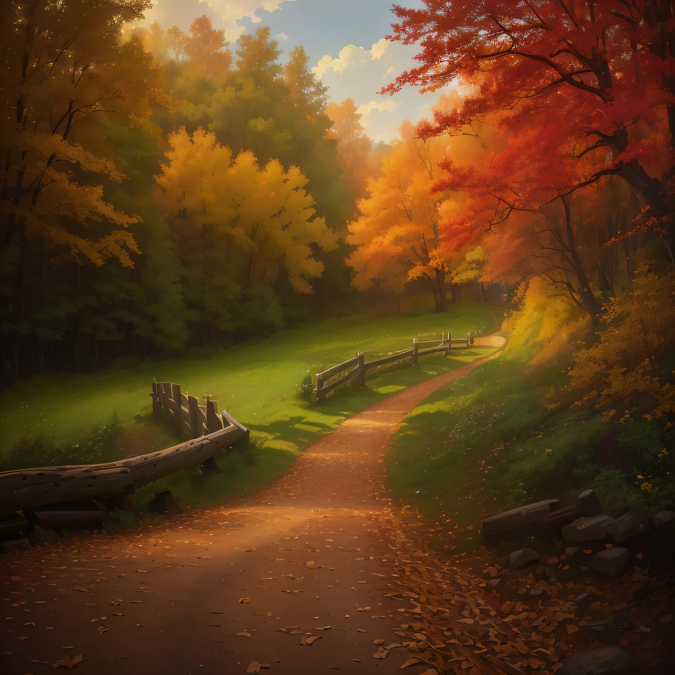 ((high quality)),((masterpiece)),8K,There is a trail that leads to a park with benches., Autumn tranquility, Dreamy scene, in autumn forest, Soft Diffuser Autumn Light, Beautiful digital painting, Soft autumn sunshine, on Forest trail, trail, in autumn, melancholy autumn light, Paul Burson, Forest trail, HDR Digital Painting, Oil painting style, Gorgeous digital painting