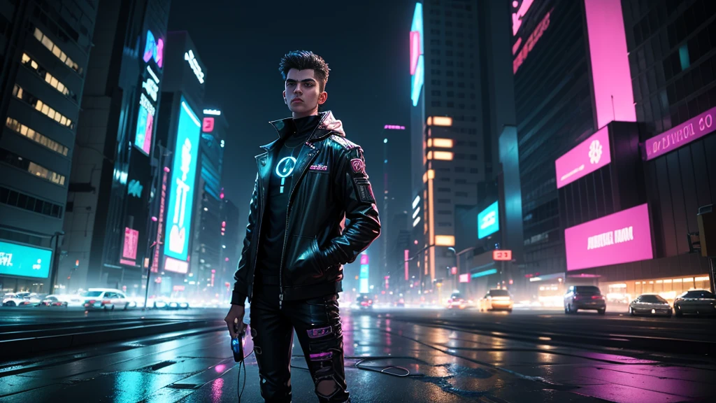 A young man is standing on top of an abandoned building in a future cyberpunk city. Around her, the setting is a mix of advanced technology and urban decay. Neon lights shine brightly, reflecting in puddles of water in the dark, dirty streets below. Tall, futuristic buildings surround the young man, with digital screens displaying distorted images and flashing advertisements.
The night sky is illuminated by floating holograms and neon light trails that cut through the air. the young, wearing urban and futuristic clothes, is in a position of contemplation, looking at the horizon with a mixed expression of melancholy and determination. In your hands, he holds a symbolic object that represents a dilemma between the love he feels and the inevitable goodbye that is approaching.