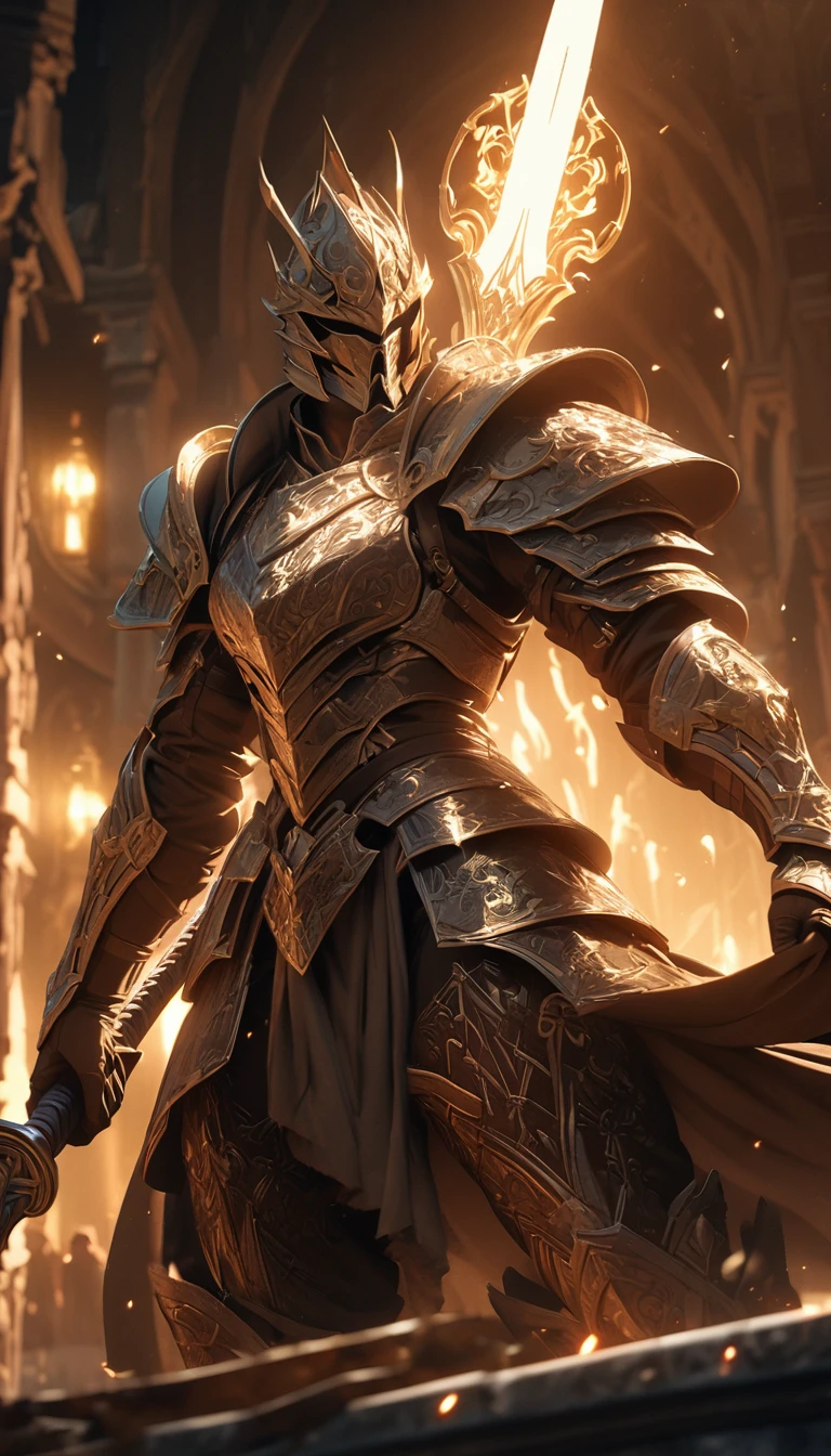 Rich details，warrior，Strong body，Heavy and gorgeous armor，Intricate patterns，Holding a two-handed magic sword，Glowing Effects，8k，Super Fine，high quality，masterpiece，Movie Lighting，cinematic perspective