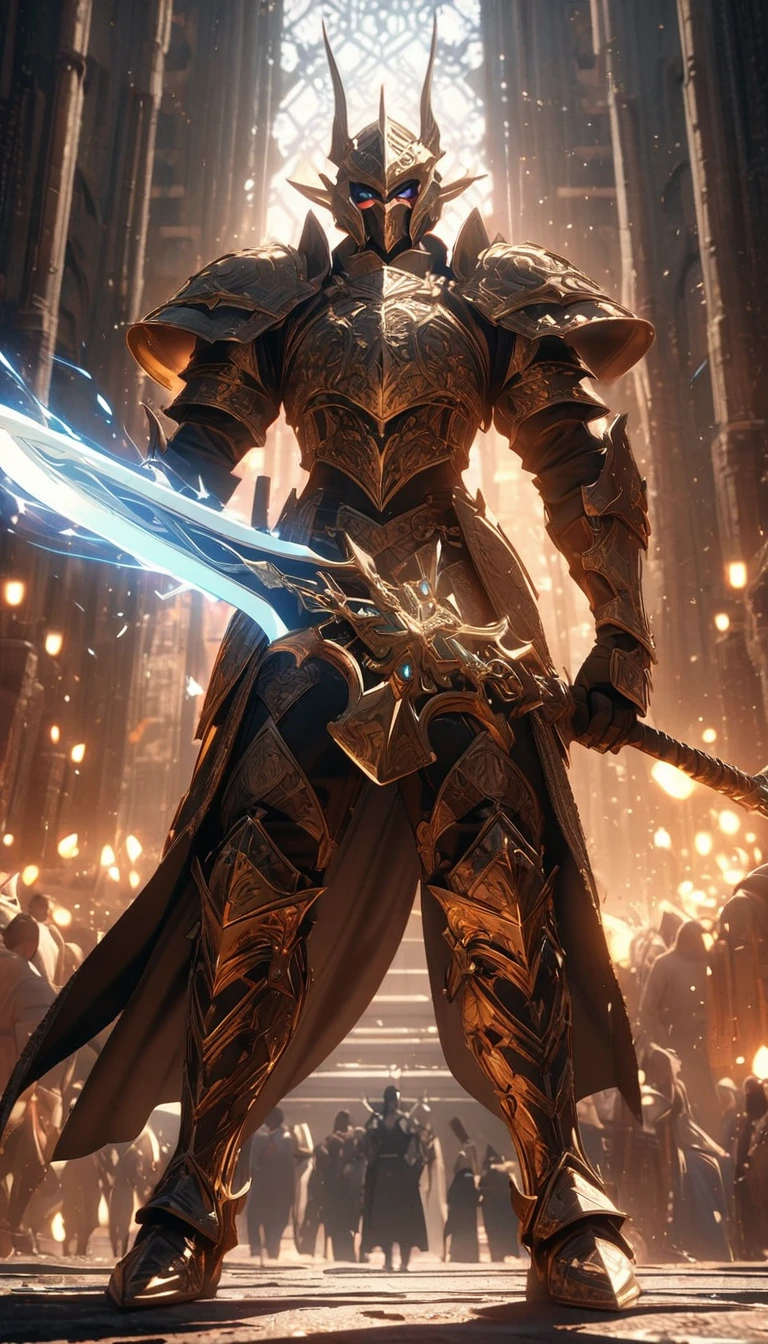Rich details，warrior，Strong body，Heavy and gorgeous armor，Intricate patterns，Holding a two-handed magic sword，Glowing Effects，8k，Super Fine，high quality，masterpiece，Movie Lighting，cinematic perspective
