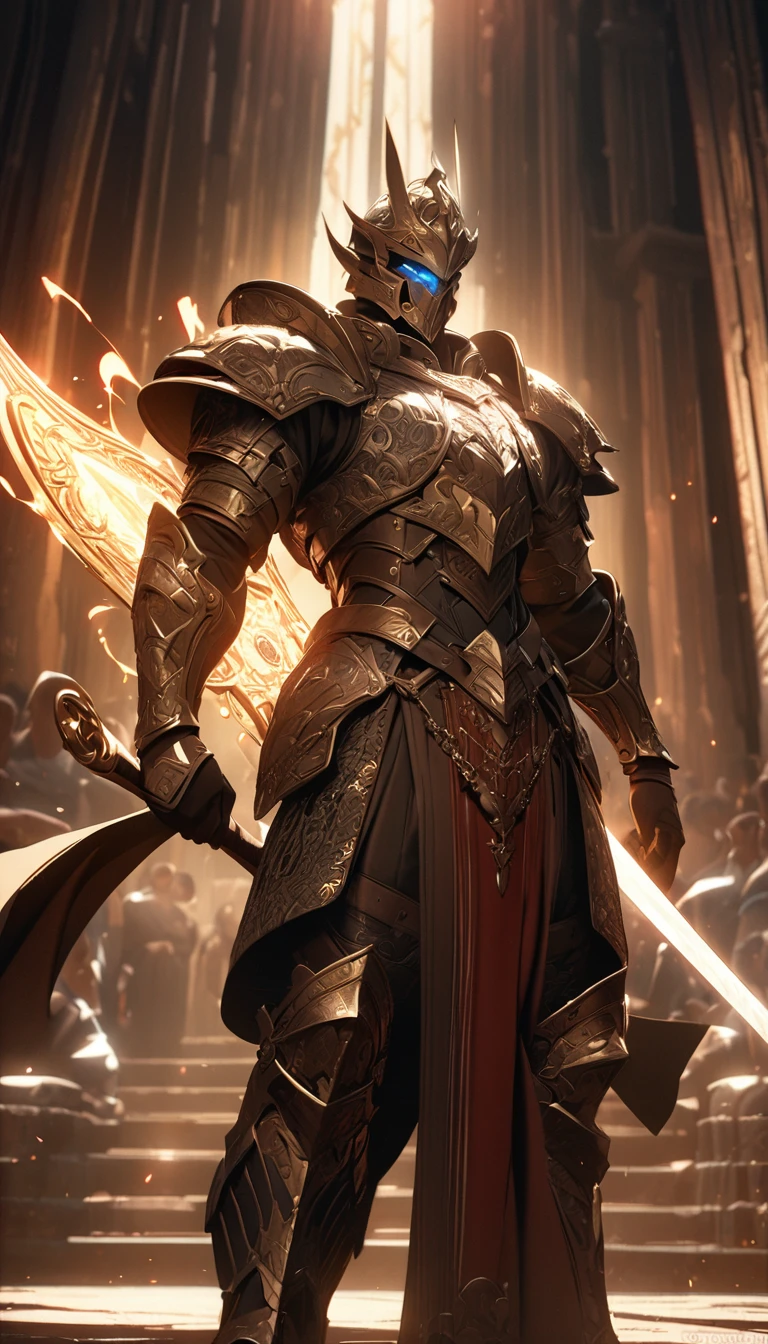 Rich details,warrior,Strong body,Heavy and gorgeous armor,Intricate patterns,Holding a two-handed magic sword,Glowing Effects,8k,Super Fine,high quality,masterpiece,Movie Lighting,cinematic perspective
