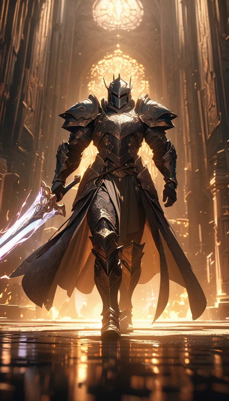 Rich details,warrior,Strong body,Heavy and gorgeous armor,Intricate patterns,Holding a two-handed magic sword,Glowing Effects,8k,Super Fine,high quality,masterpiece,Movie Lighting,cinematic perspective