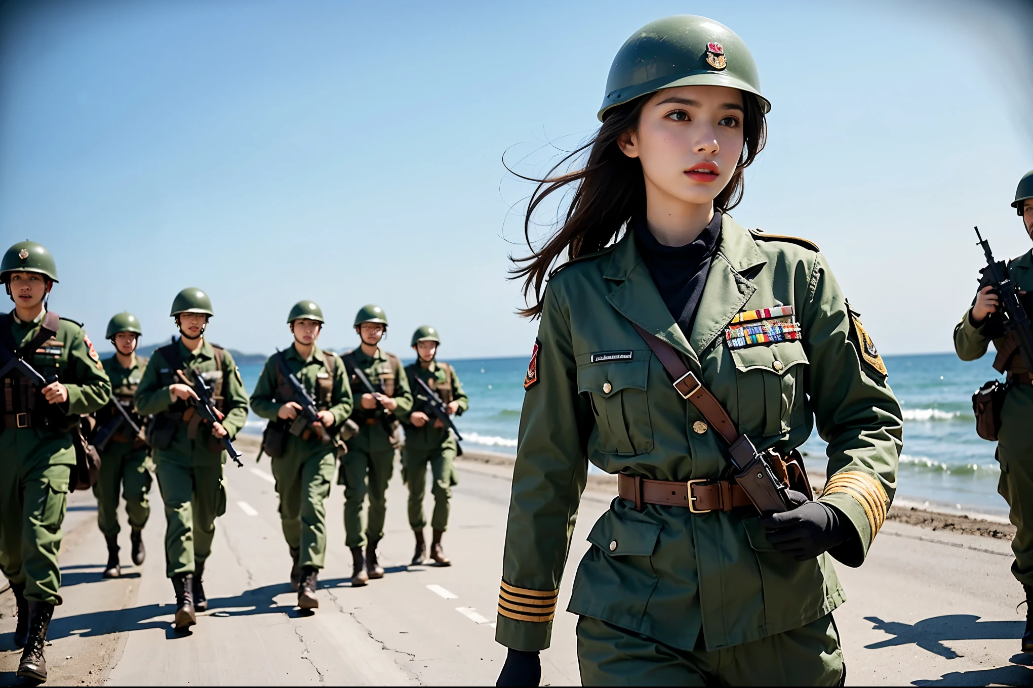 A powerful photograph of a determined young woman dressed in an authentic British World War II military uniform, leading a group of soldiers in a historic coastal landing. The rugged beach provides an imposing challenge, but she stands tall, her helmet accentuating her strong silhouette and her jacket conveying her unwavering determination. Her focused gaze is set on the mission ahead, and her aura of leadership and courage is palpable. In the background, faint outlines of paratroopers being dropped and Allied forces initiating the assault by ship and aircraft create an immersive, cinematic atmosphere that captures the essence of war and camaraderie.