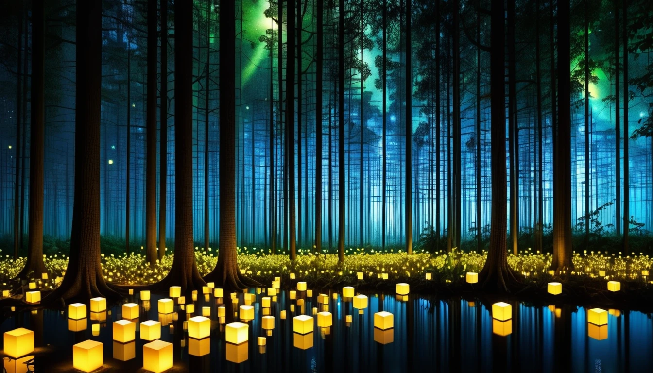 An enchanted forest made up of RAL-3D cubes, Surrounded by the fantastic light of fireflies,Very beautiful secret forest,There are lots of little smiling geckos living here