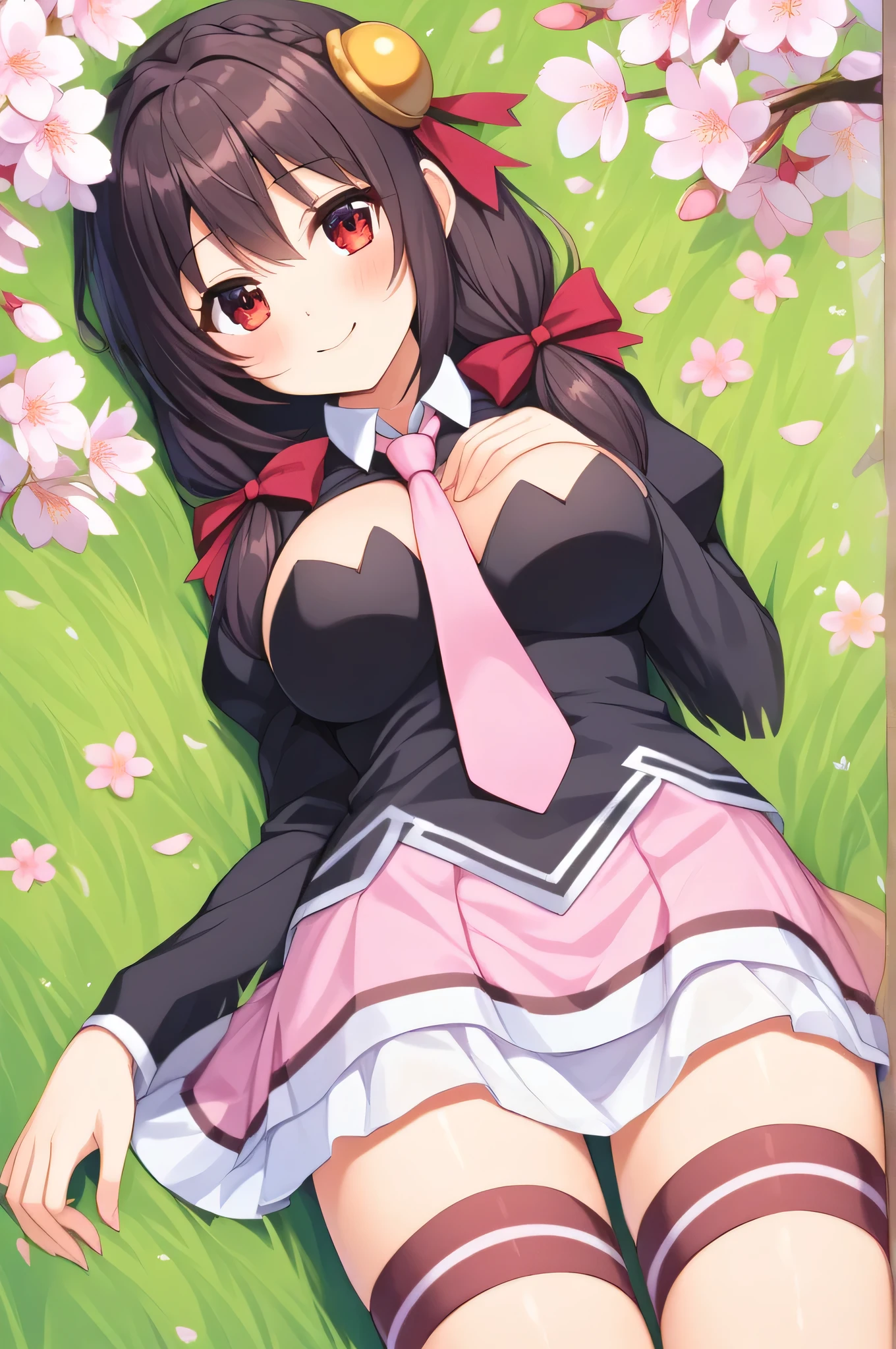 alone, One girl, The best smile, View your viewers, Crown Blade, hair ornaments, Hair Ribbon, Pink tie, Black long sleeve, Pink Skirt, Knee socks, Cleavage, grassland、Black Hair、Red Eyes、(blush)、Sleeping on your back、cherry blossoms