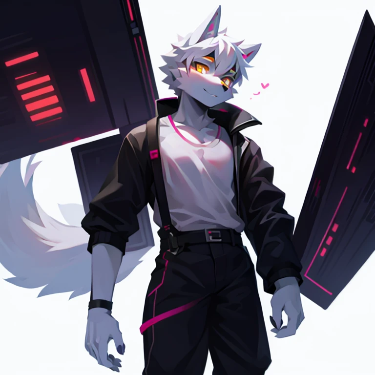 cyber punk perssonage，epcot，Tech style，solo person，White body，White ears，White hair，Overall white，Orange-yellow eyes，Wolf tail，Wolf orcs，Young，Wear a short-sleeved shirt，Ultra-clear screen，Soft lines