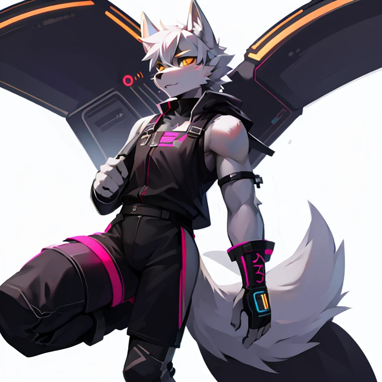 cyber punk perssonage，epcot，Tech style，solo person，White body，White ears，White hair，Overall white，Orange-yellow eyes，Wolf tail，Wolf orcs，Young，Wear a short-sleeved shirt，Ultra-clear screen，Soft lines