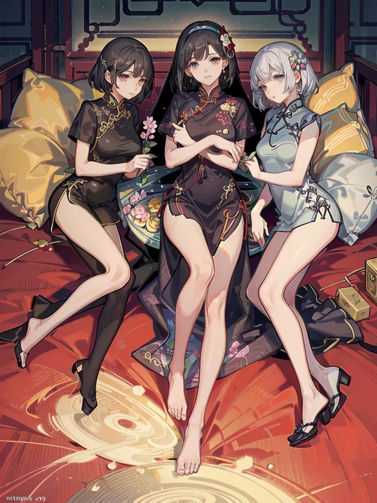 Sex threesome buffet absurdres, RAW photo, extremely delicate and beautiful, masterpiece, Best Quality, ultra high resolution, 32k, hyperrealistic, ultra-detailed, Very detailed CG 8k wallpaper, Beautiful Lighting, Perfect Lightning, Realistic Shadows, perfect anatomy, super Detailed skin, perfect figure, Japanese woman, late 20s, very Slim body, narrow waist, very small head, handsome detailed woman, very detailed eyes and face, realistic face proportions, Stunning detailed eyes, Realistic beautiful face, very small face, Realistic small beautiful eyes, tearful mole, earring, beautiful and very thin legs, beautiful and very thin thighs, very huge round breasts, medium hair, black hair, (full body shot), (3girls:1.5), (cheongsam:1.5),