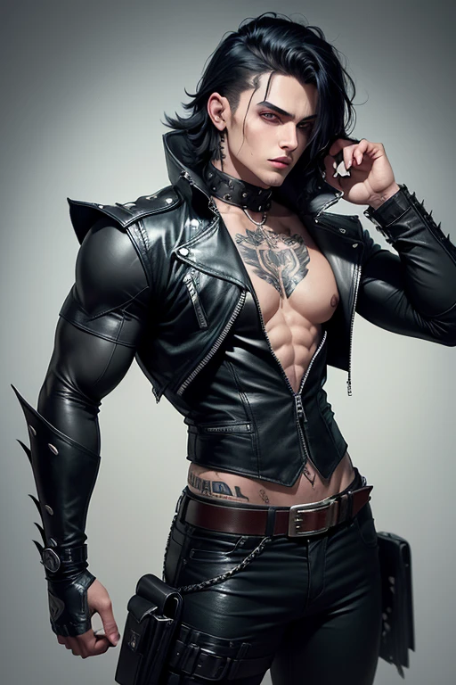 25-year-old androgynous young man in the style of DC Comics "Wolf" - an intergalactic anti-hero, known for his cruelty and sarcastic behavior.. He is depicted as an alien humanoid with pale white skin., long black hair, and a muscular physique in tight pants. Her bright red eyes give her a menacing appearance... Often dressed in an open black leather vest., tight pants,belt holster and heavy boots, he has a punk rock look. His tattoos and scars all over his body highlight his hardened character..,