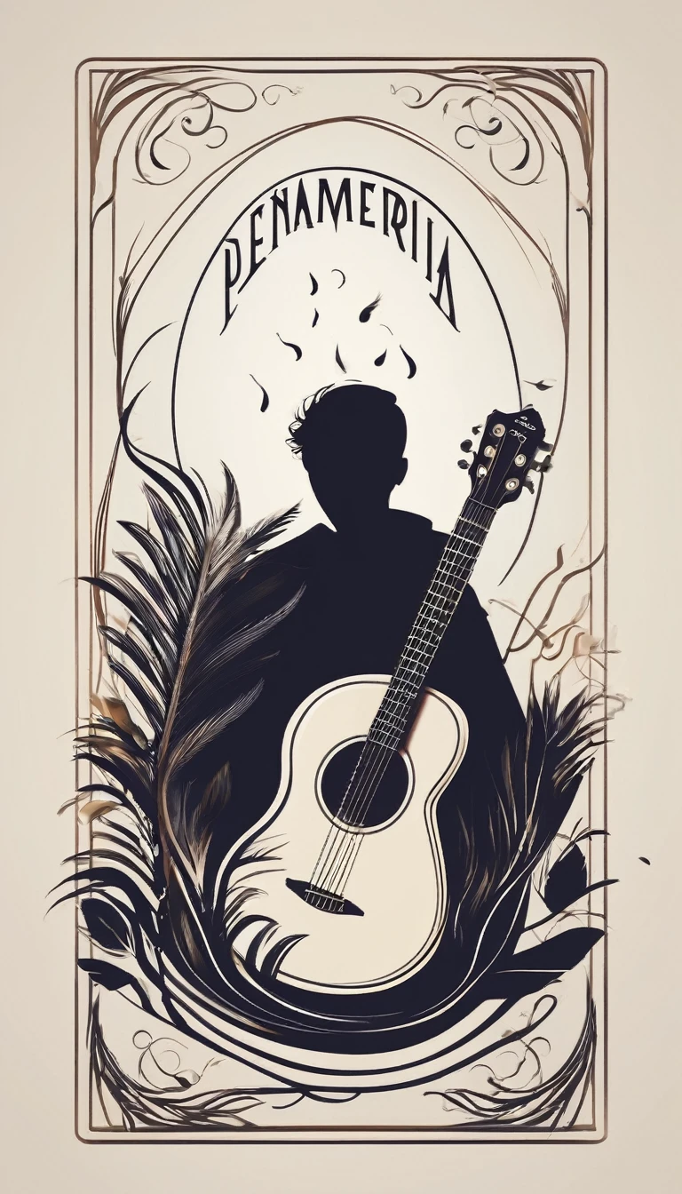 A minimal, modern, simple, cinematic logotype for the brand “Penamemoria". The logotype must be a simple, magical feather and a boy playing acoustic guitar. The logo must convey a sense of music, stories and dreams. Logo design impressed on a book cover. Minimalistic logo