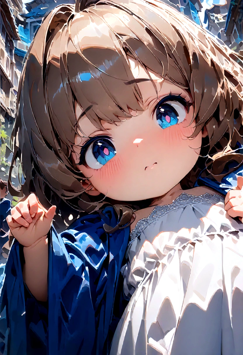 ((Masterpiece)), (((best quality))), hips wide open, ((blue colour eyes)), (((long brown hair))), (((shot White dress))), ((little girl)), (cute), (a face that looks sleepy),  ((blue silk robe)), ((one girl))