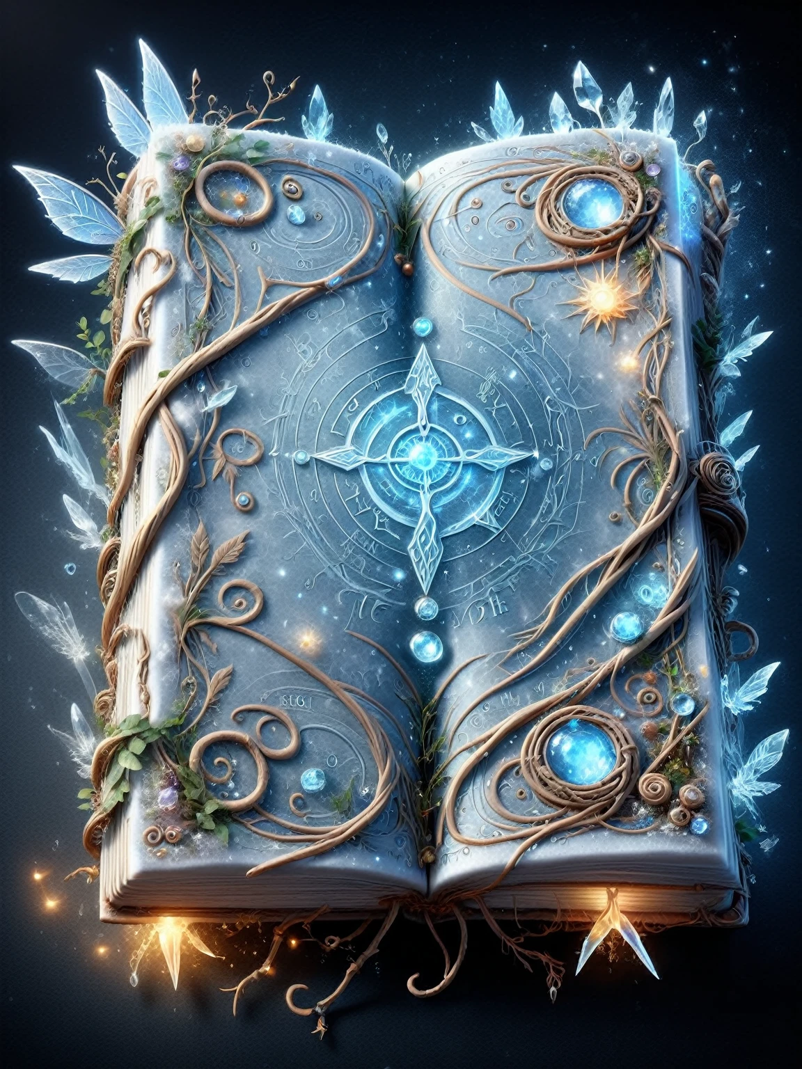 Ice Fairy Spellbook, Its pages are decorated with dancing runes and glowing hieroglyphics., An invitation to a journey into the mysteries of mystical knowledge.