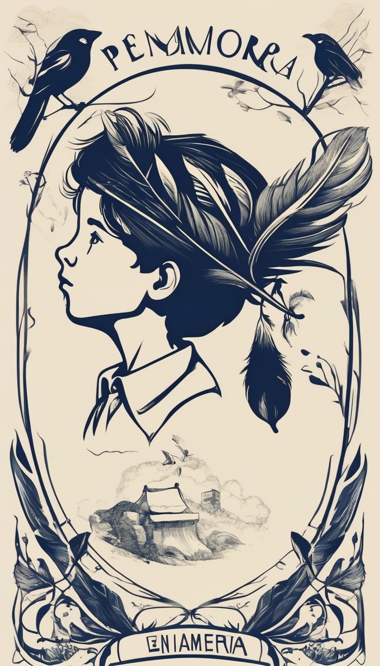 Design a logo that captures the magic of storytelling and the importance of memory, encapsulating the brand 'Penamemoria'. The logo should be simple, memorable, timeless, and versatile, working well in both print and digital formats. Should include the face of a boy and a bird feather