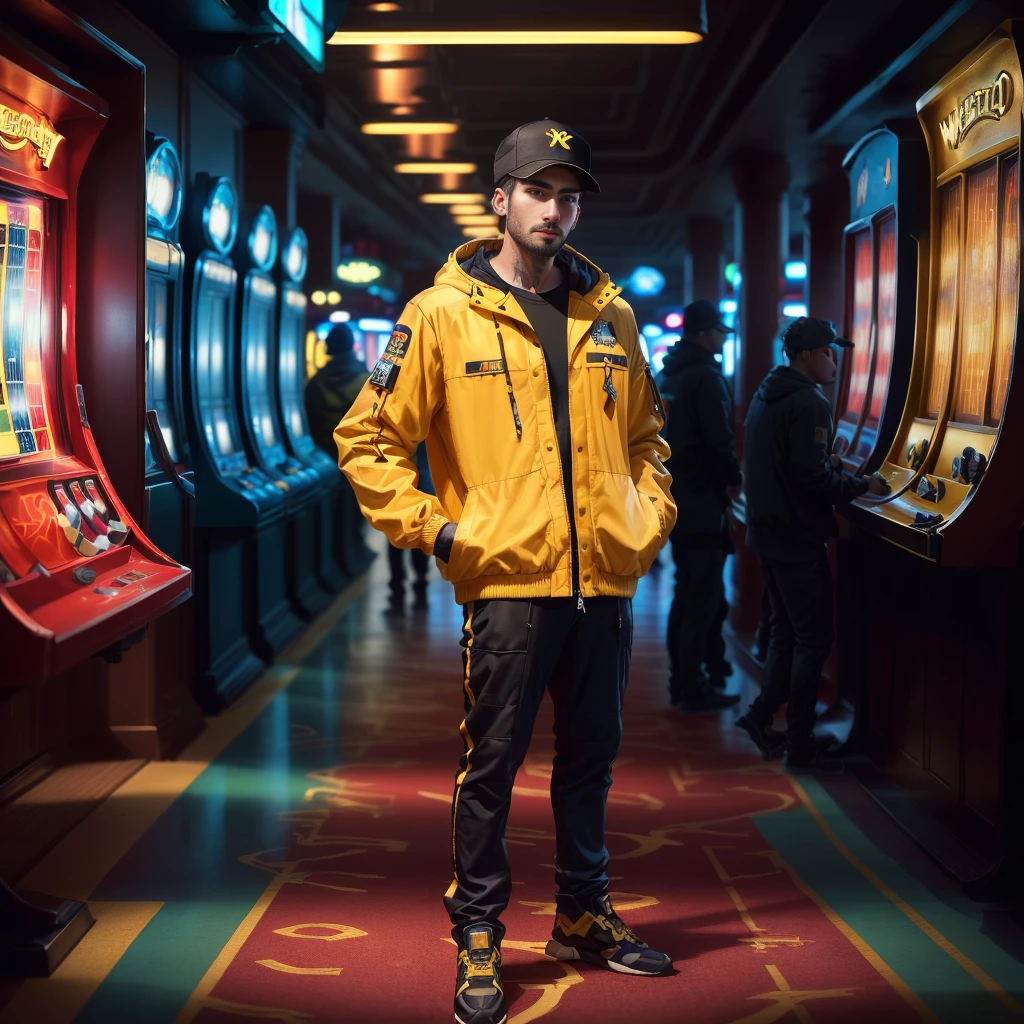 a man in a yellow jacket is holding a phone and standing in front of a casino table, width 768, pick wu, 8k highly detailed โค๏ธโ๐ฅ ๐ฅ ๐ ๐ค ๐, 8 k highly detailed โค๐ฅ ๐ฅ ๐ ๐ค ๐, 8 k what, disney weta 8 k, h3h3