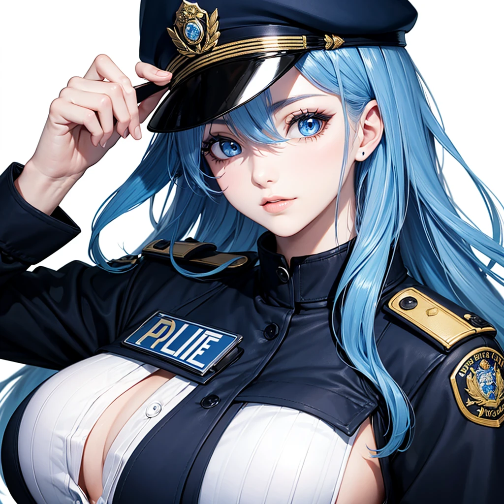 Blue Hair,Blue Eyes,Long hair,Big breasts,Woman in police uniform,Mature face