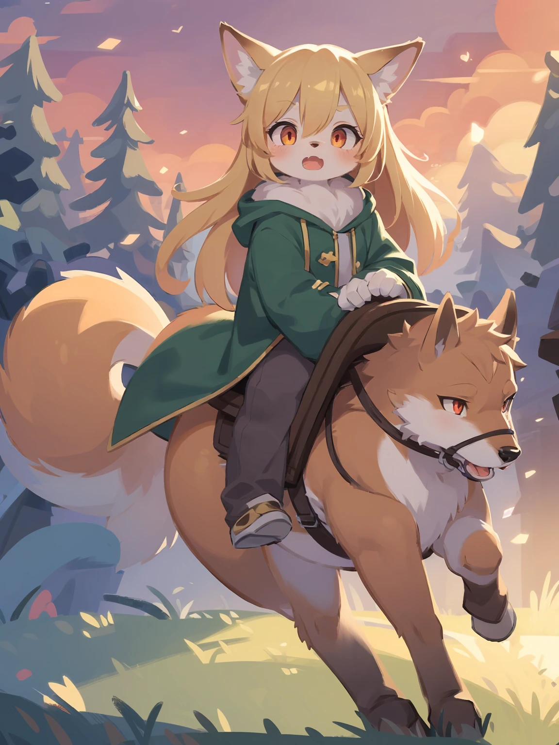 loli the fox, , was hairy, shaggy, skin fur, smooth lashes, golden fur, forelimb hands, straight long blonde hair, solid circle eyes, golden ears, golden fur, golden facial fur, shiny hair, red eyes, super cute face, 1fox tail, fluffy tail, furry tail, glowing eyes, green coat green hood down, brown trousers, riding horse, open mouth, embarrassed, ambient light, ultra-fine fur, dashed eyes, full body, masterpiece, high quality, high-details, best quality, wide short, (((solo))), twilight, sun light, red sky, rim light