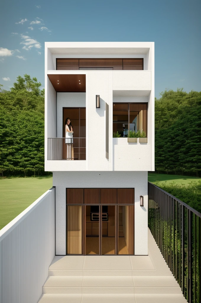 townhouse with bancony, white wall, glass rail, window, mental gate, ( realistic photo)