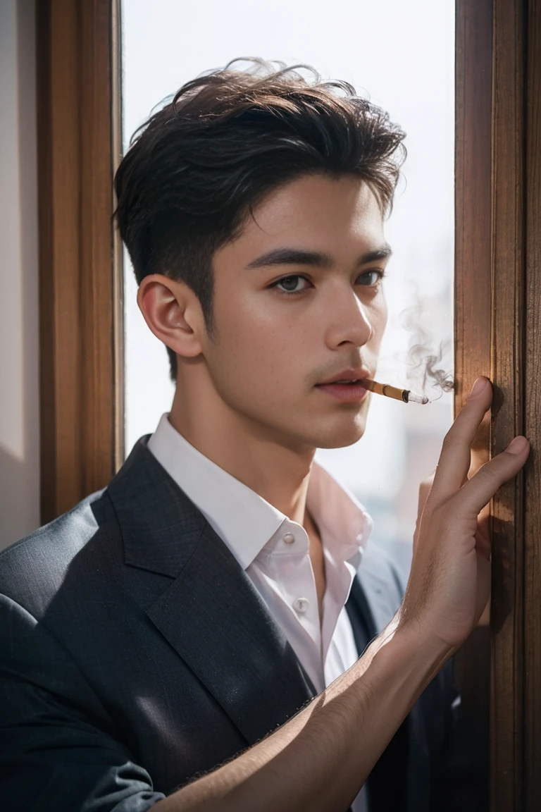 (Masterpiece, best quality:1.2), realistic photography handsome men, smoking at the window