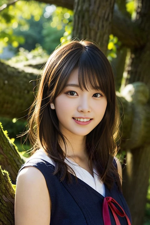 (8K、Raw photo、Highest quality、masterpiece:1.2)、(Realistic、Photorealistic:1.37)、Ultra-detailed、Ultra-high resolution、1 girl、Seeing the viewer、Beautifully detailed face、Laughter、narrow、(Slim waist) :1.3)、Beautifully detailed skin、Skin Texture、Floating Hair、Professional Lighting、Human whole body、Blonde、Japanese Height 、Sailor suit、Twin hairstyles、E Cup、Smile、16 years old、Red ribbon、Baby Face、In the woods、Rising sun tree々The sunlight passing by、god々々Shikai、Hair fluttering in Wind、Wind、Commuting、Commuting路、Headphones、listen to music
