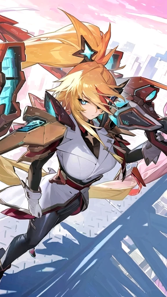 - style image of a woman with a sword and a large robot, guilty gear strive splash art, mechanized valkyrie girl, girl in mecha cyber armor, armor girl, cushart krenz key art feminine, detailed key anime art, guilty gear art style, genshin impact character, genshin impact, ayaka genshin impact,
