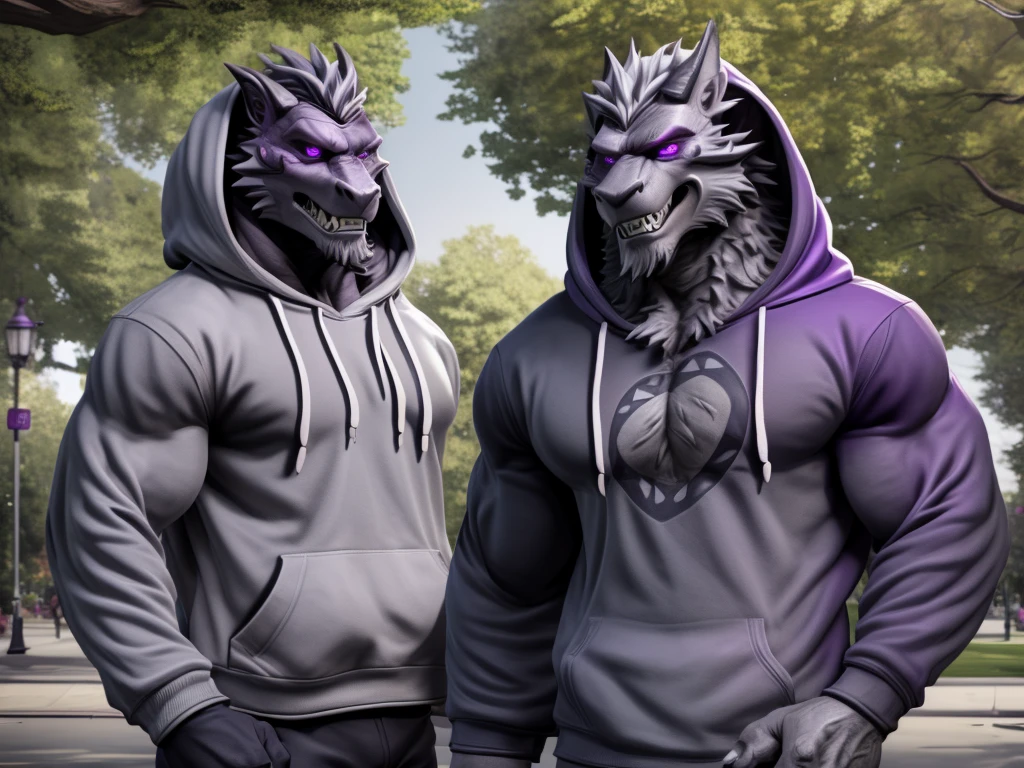 (masterpiece:1.2),cool pose,furry black dragon,strong and fit body,purple eyes,grey medium hair,grey facial hair,casual clothing,hoodie, fierce expression,good looking,slightly smiling showing teeth,park background