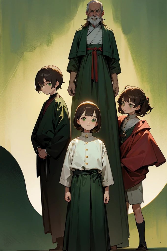 I would like you to make a family photo image of six members. The first father, already a little older, is eager but tall and with an intimidating look and with his arms hidden behind his back.. The two over 10 years old, a girl and boy each on one side with a serious and cold expression and also hiding their arms behind their back. Meanwhile, in front of the father, the middle daughter with an anxious and shy expression and her age of 8 years. In front and on the right side of the middle daughter is one of the minors who is 6 years old with a happier expression., while on the left side of the middle daughter is the smallest of the siblings with a very happy smile., This one is just 3 years old. Everyone has brown hair and green eyes., with elegant clothes, all standing and in the background a dark green wall