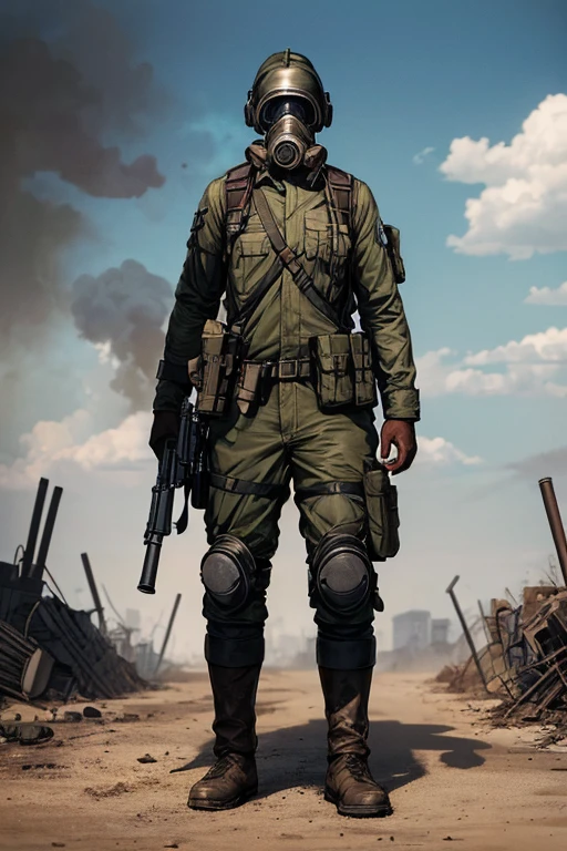 drawing of a man in a gas mask holding a ppsh-41 , dystopian science fiction character, Post - Apocalyptic Scavenger, post-apocalyptic explorer, science fiction character concept, post-apocalyptic, conceptual character, comic character design, science fiction character concept, soldier with a gas mask, unrealistic character concept