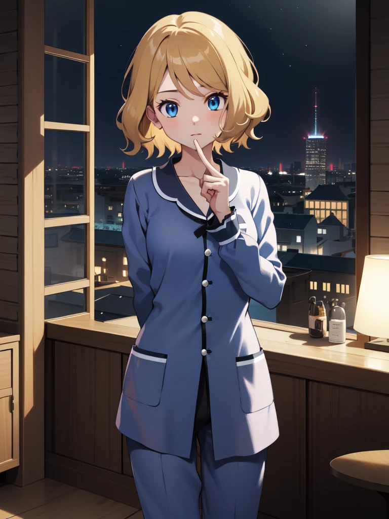 gonzarez, masterpiece, Serenaj, 1girl, solo, blue eyes, blonde hair, short hair , night pajama