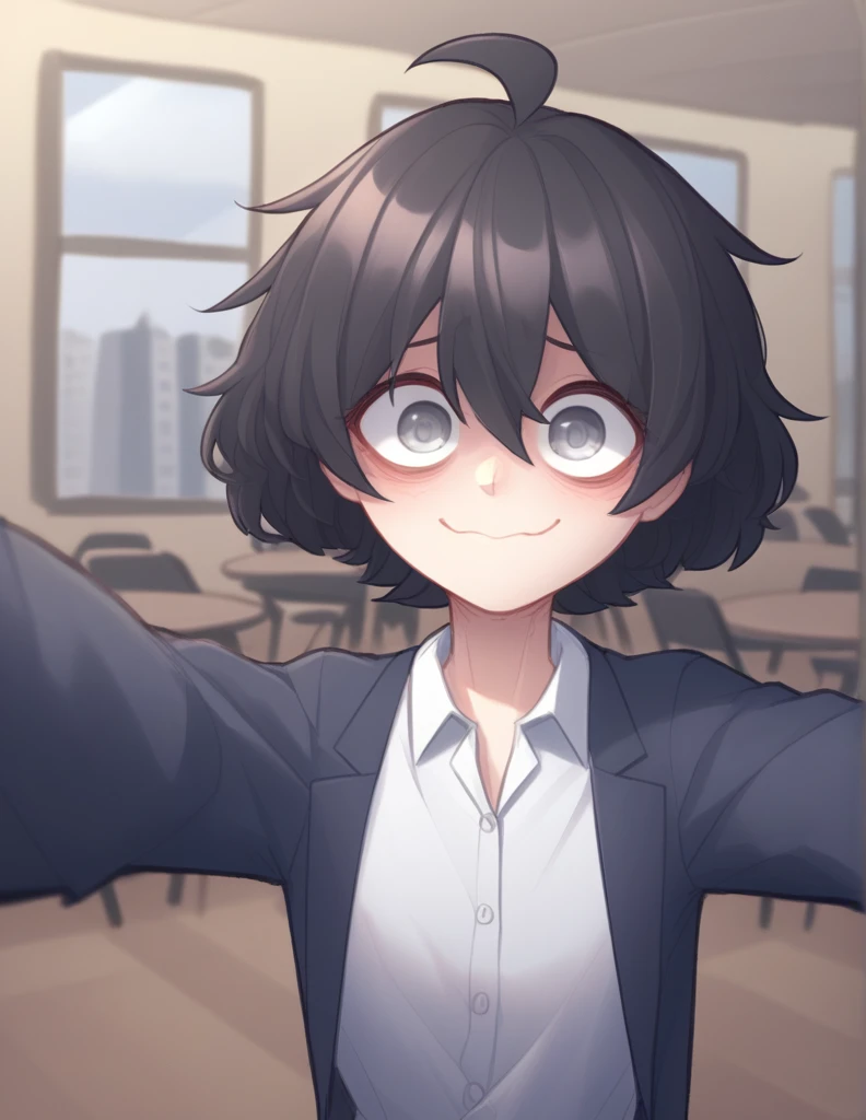 1 girl, alone, black fur, short hair, messy fur, Ahoge, grey eyes, blind eyes, kind eyes, very nervous, beautiful smile, sweet look,
Blusa de manga larga, blusa color cafe claro, blusa con mangas cafes, blusa con estampado de estrella, blusa con estrella cafe, collares de metal, pantalon de piernas anchas, pantalon verde te, tomando selfie, celular, selfie con cafe en mano,
Plaza , cafe,