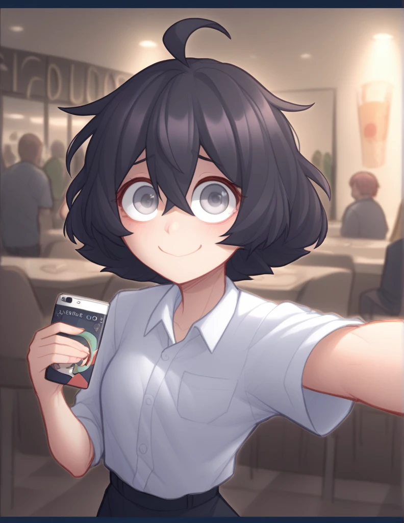 1 girl, alone, black fur, short hair, messy fur, Ahoge, grey eyes, blind eyes, kind eyes, very nervous, beautiful smile, sweet look,
Blusa de manga larga, blusa color cafe claro, blusa con mangas cafes, blusa con estampado de estrella, blusa con estrella cafe,  collares de metal, pantalon de piernas anchas, pantalon verde te, tomando selfie, celular, selfie con cafe en mano, 
Plaza , cafe, 