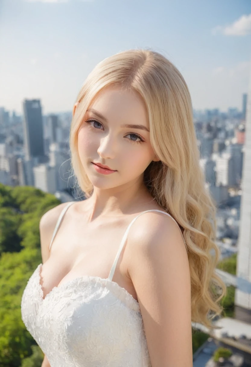 Leila、、(Russian women)、(Cute face:1.3)、(Thin contours)、Grey Eyes、、Blonde medium-long hair、Big boobs、Model Style、Angle up to the knee、White dress、Inside the city of Tokyo